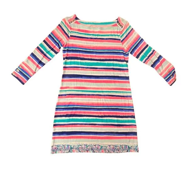 Lilly Pulitzer Sophie Shift Dress Sandy Shells 3/4 Sleeve Multi-Color Striped XS