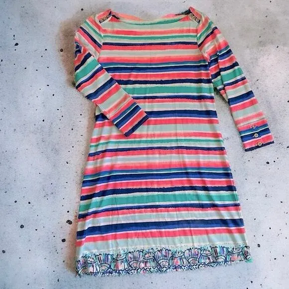 Lilly Pulitzer Sophie Shift Dress Sandy Shells 3/4 Sleeve Multi-Color Striped XS