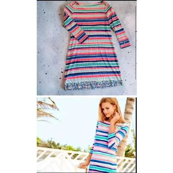 Lilly Pulitzer Sophie Shift Dress Sandy Shells 3/4 Sleeve Multi-Color Striped XS