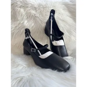 Lisa Vicky Women's Black Mary Jane Flats Size 8 Ankle Strap 2&quot; Heel
