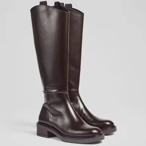Lk Bennett Lauren Brown Polished Leather Flat Riding Boots Size 39