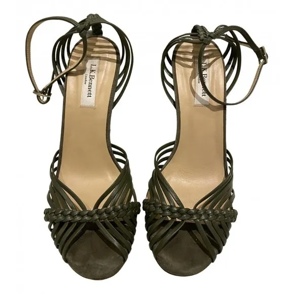 L.K. Bennett Olive Green Leather Strappy Sandals Shoe Size 40.5 US 9.5 NWOB
