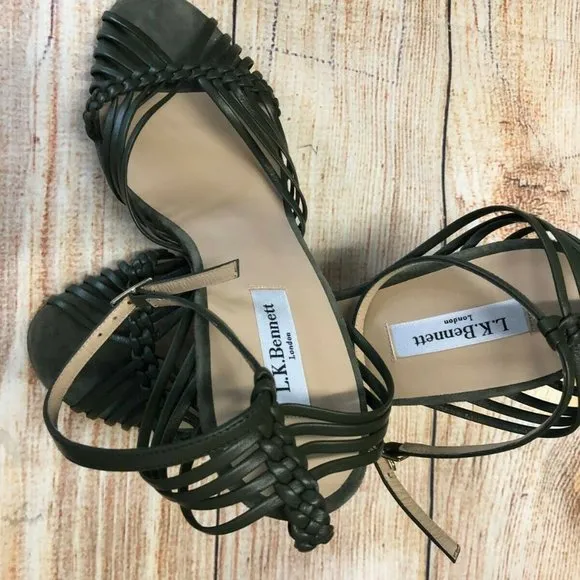 L.K. Bennett Olive Green Leather Strappy Sandals Shoe Size 40.5 US 9.5 NWOB