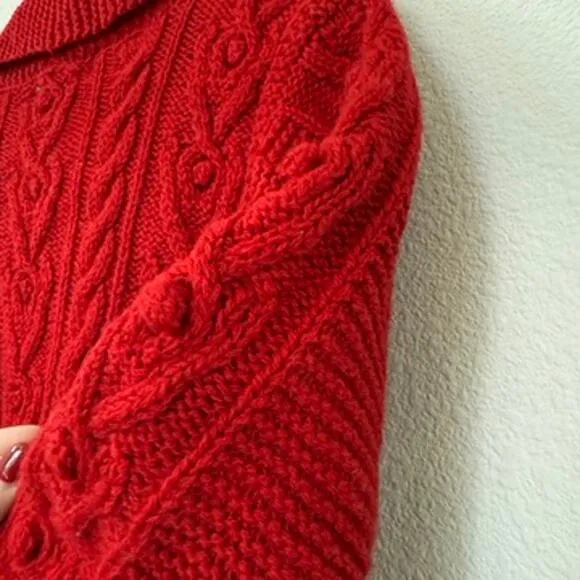 LL Bean Cable Knit Wool Sweater Red Popcorn Stitch Cardigan Grannycore M 90s