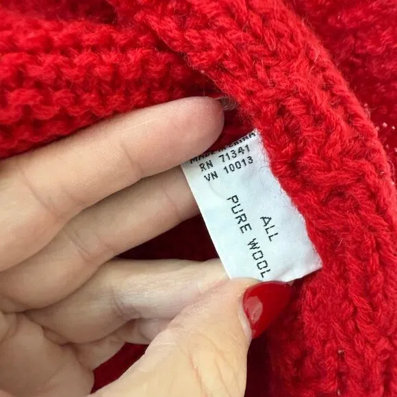 LL Bean Cable Knit Wool Sweater Red Popcorn Stitch Cardigan Grannycore M 90s