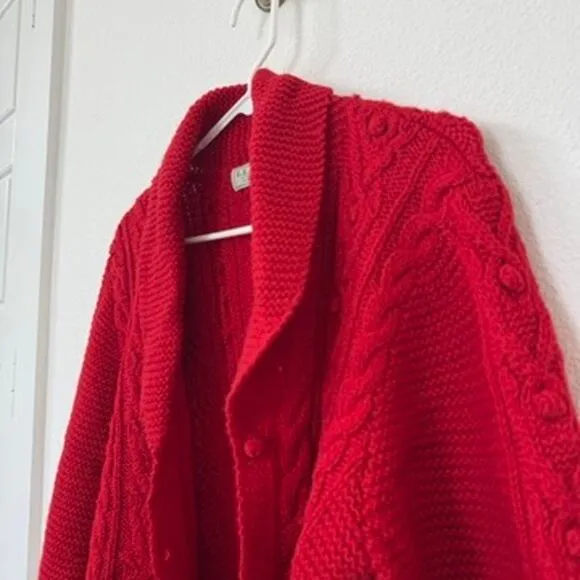 LL Bean Cable Knit Wool Sweater Red Popcorn Stitch Cardigan Grannycore M 90s