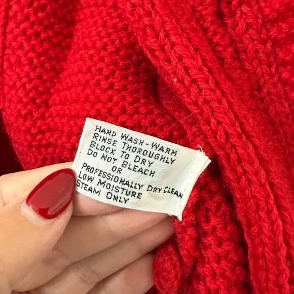 LL Bean Cable Knit Wool Sweater Red Popcorn Stitch Cardigan Grannycore M 90s
