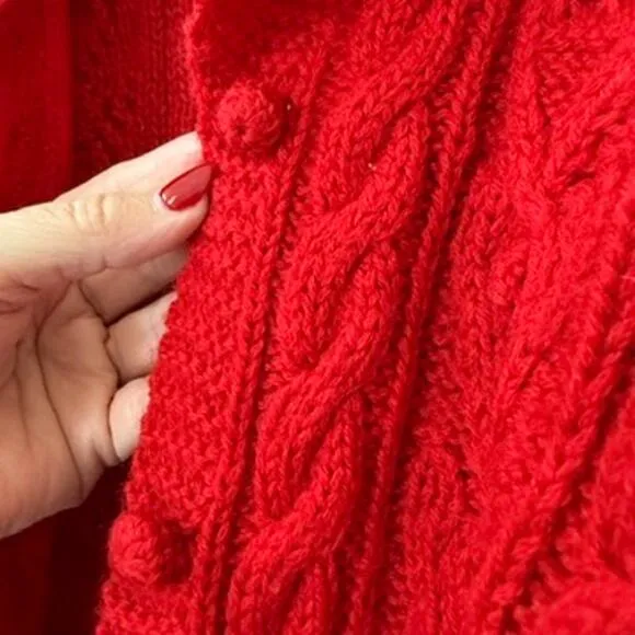 LL Bean Cable Knit Wool Sweater Red Popcorn Stitch Cardigan Grannycore M 90s