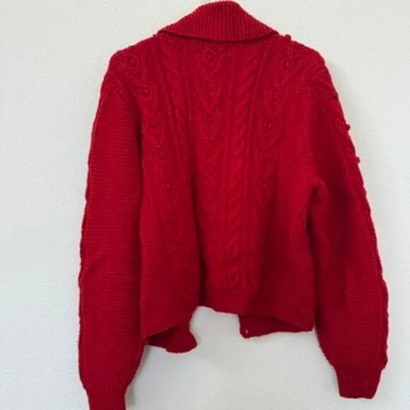 LL Bean Cable Knit Wool Sweater Red Popcorn Stitch Cardigan Grannycore M 90s