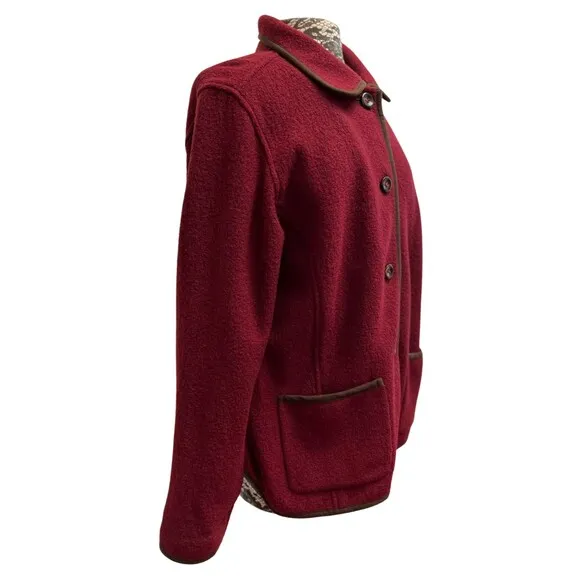 LL Bean Coat Women's Red Maroon Pure Wool Collared Trimmed Button Up Pockets XL