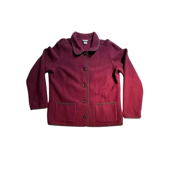 LL Bean Coat Women's Red Maroon Pure Wool Collared Trimmed Button Up Pockets XL
