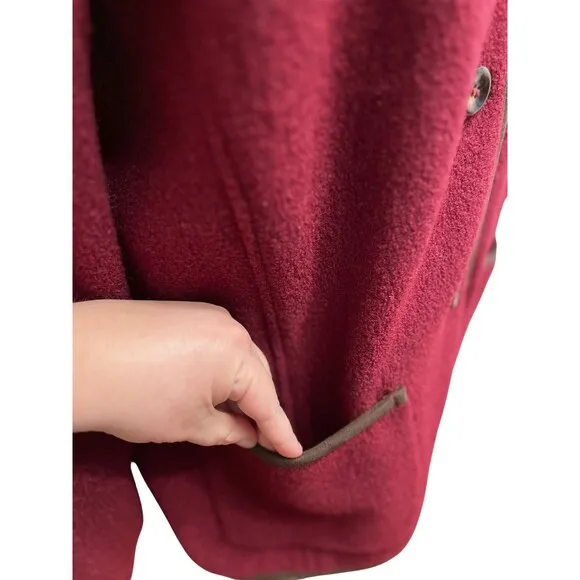 LL Bean Coat Women's Red Maroon Pure Wool Collared Trimmed Button Up Pockets XL