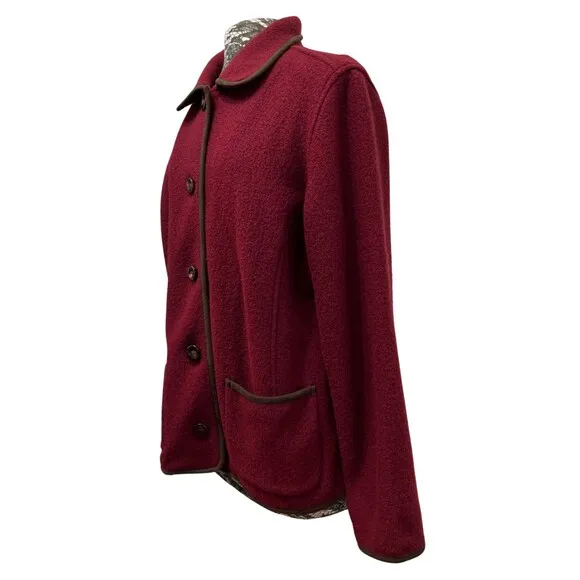 LL Bean Coat Women's Red Maroon Pure Wool Collared Trimmed Button Up Pockets XL