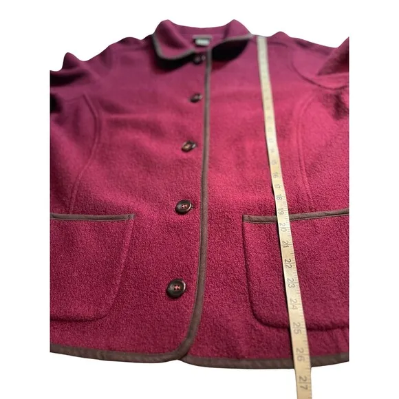 LL Bean Coat Women's Red Maroon Pure Wool Collared Trimmed Button Up Pockets XL
