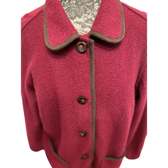 LL Bean Coat Women's Red Maroon Pure Wool Collared Trimmed Button Up Pockets XL