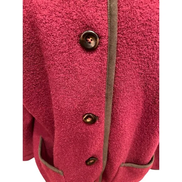 LL Bean Coat Women's Red Maroon Pure Wool Collared Trimmed Button Up Pockets XL