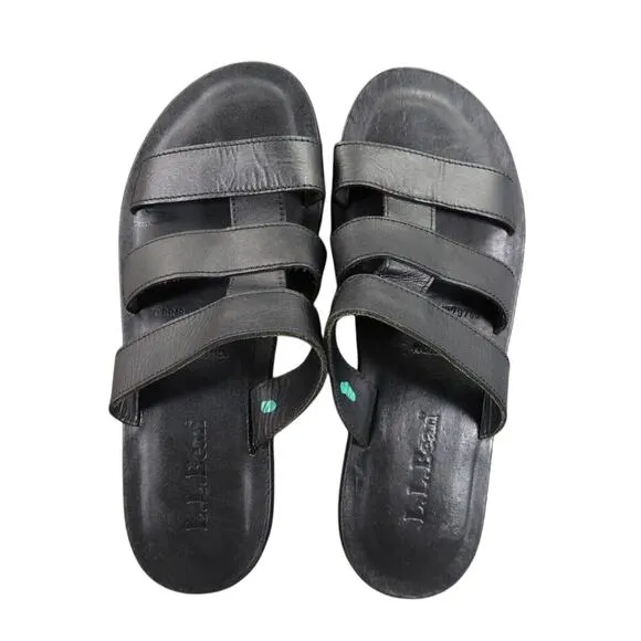LL Bean Shoes Womens 8 Sandals Slide Leather Black Strappy Slip On Classic Flat