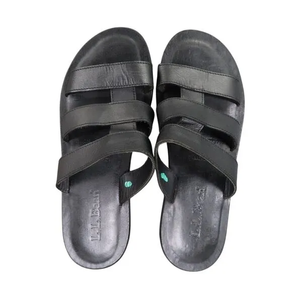 LL Bean Shoes Womens 8 Sandals Slide Leather Black Strappy Slip On Classic Flat