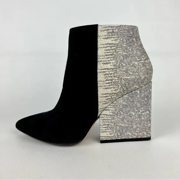 Loeffler Randall Lia Black Ivory Suede Snake Print Block Heel Bootie 6