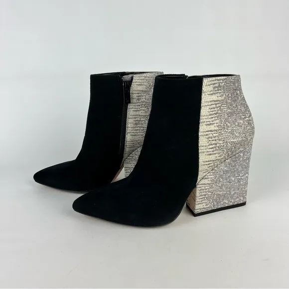Loeffler Randall Lia Black Ivory Suede Snake Print Block Heel Bootie 6