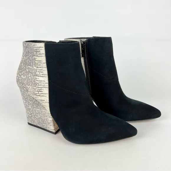 Loeffler Randall Lia Black Ivory Suede Snake Print Block Heel Bootie 6