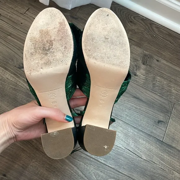 LOEFFLER RANDALL Natalia Green Metallic Platform Pleated Knot Bow Sandals