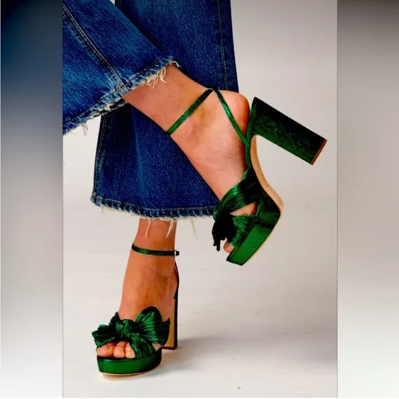 LOEFFLER RANDALL Natalia Green Metallic Platform Pleated Knot Bow Sandals