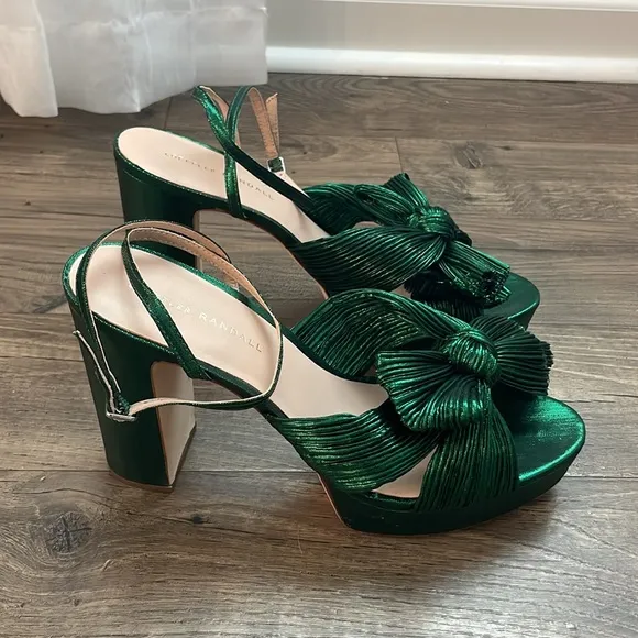 LOEFFLER RANDALL Natalia Green Metallic Platform Pleated Knot Bow Sandals