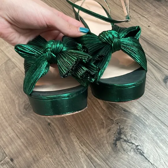 LOEFFLER RANDALL Natalia Green Metallic Platform Pleated Knot Bow Sandals