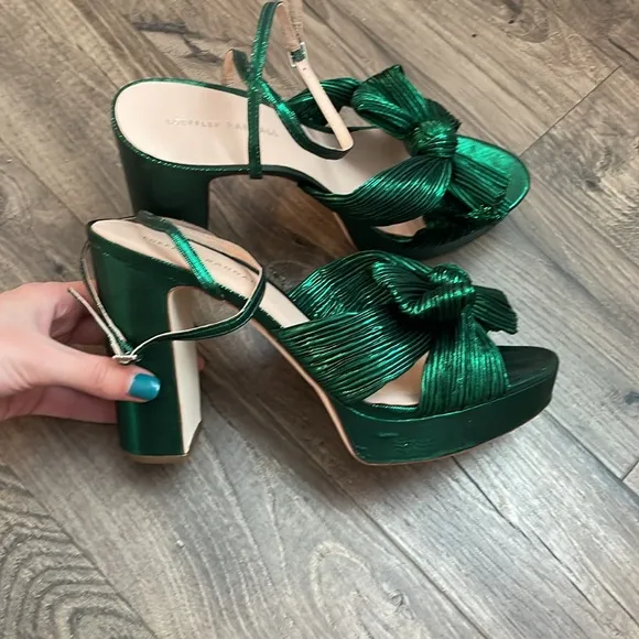 LOEFFLER RANDALL Natalia Green Metallic Platform Pleated Knot Bow Sandals