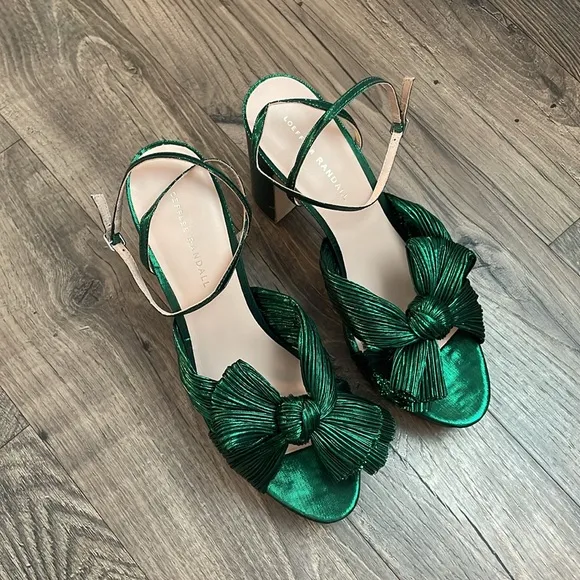 LOEFFLER RANDALL Natalia Green Metallic Platform Pleated Knot Bow Sandals