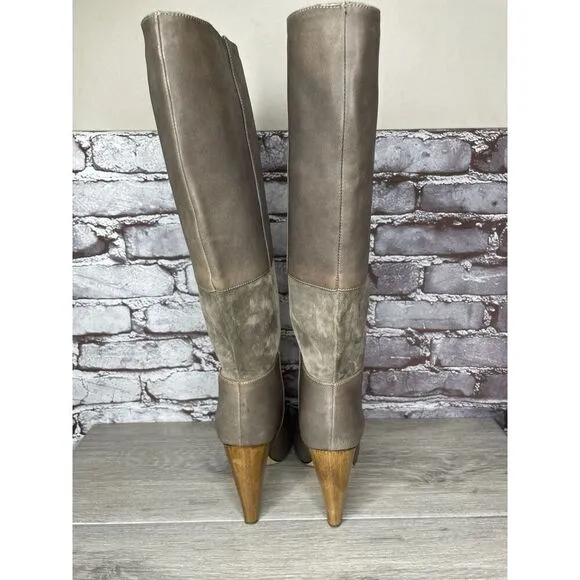 Loeffler Randall Grey Leather Suede Tall Riding Heel Boots Women Sz 8.5B US/39EU