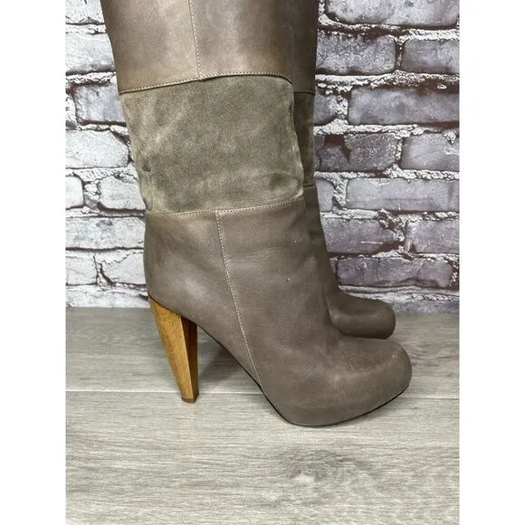 Loeffler Randall Grey Leather Suede Tall Riding Heel Boots Women Sz 8.5B US/39EU