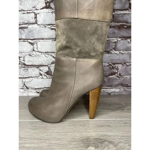 Loeffler Randall Grey Leather Suede Tall Riding Heel Boots Women Sz 8.5B US/39EU
