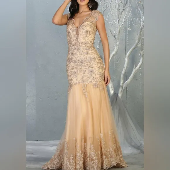Long mermaid new lace beaded tulle gown with semi open back