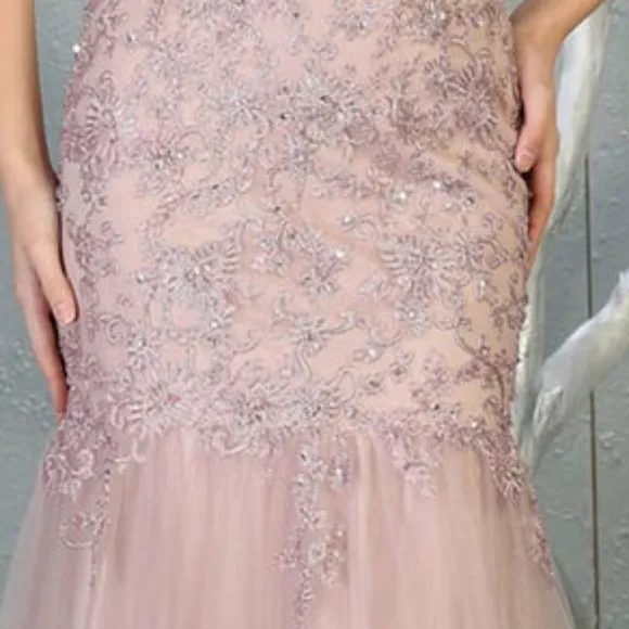 Long mermaid new lace beaded tulle gown with semi open back