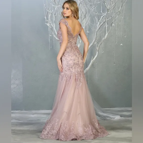 Long mermaid new lace beaded tulle gown with semi open back