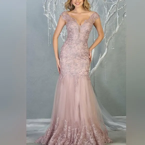 Long mermaid new lace beaded tulle gown with semi open back