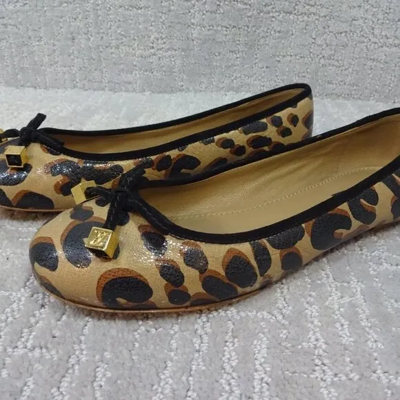 LOUIS Vuitton Leopard Print Brown Leather Flat Pumps Ballet Shoes Size 38 LV