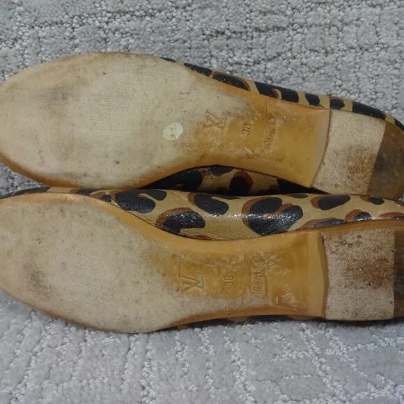 LOUIS Vuitton Leopard Print Brown Leather Flat Pumps Ballet Shoes Size 38 LV
