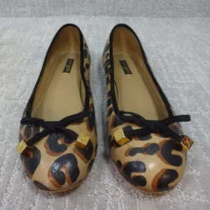 LOUIS Vuitton Leopard Print Brown Leather Flat Pumps Ballet Shoes Size 38 LV