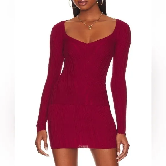 Lovers   Friends SET Sweater &amp; Skirt Mara VNeck Pullover Knit REVOLVE Maroon NWT