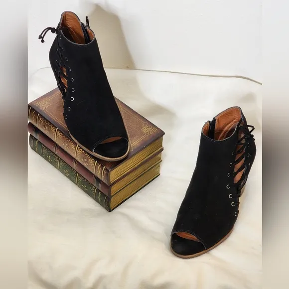Lucky Brand Hartlee Brindle Heels Suede Lace Tie Ankle Boots Bootie Bohemian