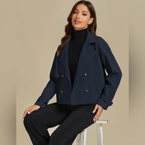 luvamia Croped Trench Coat Double Breasted Notched Lapel Casual Loose Fit Jacket