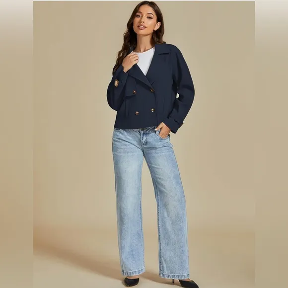 luvamia Croped Trench Coat Double Breasted Notched Lapel Casual Loose Fit Jacket