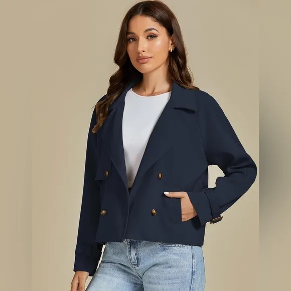 luvamia Croped Trench Coat Double Breasted Notched Lapel Casual Loose Fit Jacket