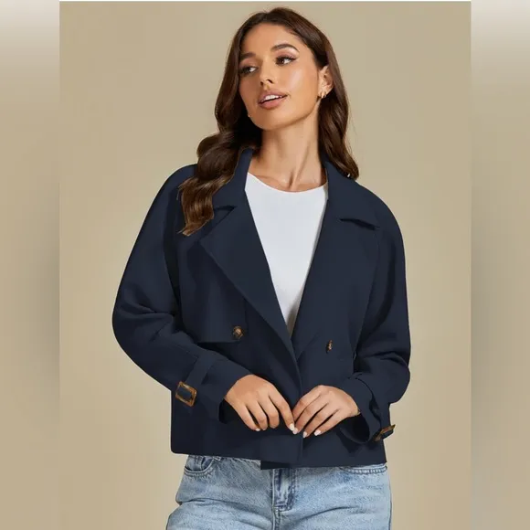 luvamia Croped Trench Coat Double Breasted Notched Lapel Casual Loose Fit Jacket