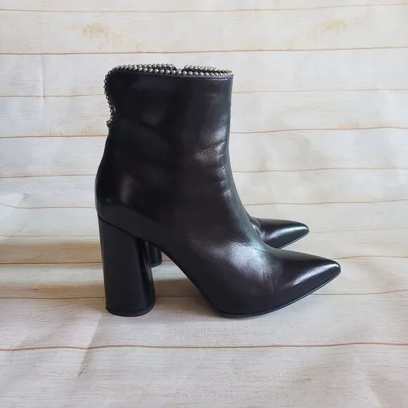 MA &amp; LO Italy Leather Pointy Toe Block Heels Ankle Boots Booties Black Size 39