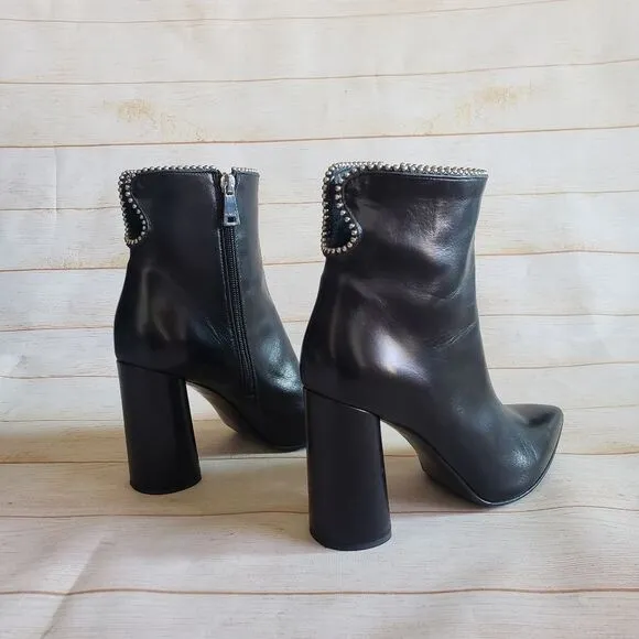 MA &amp; LO Italy Leather Pointy Toe Block Heels Ankle Boots Booties Black Size 39