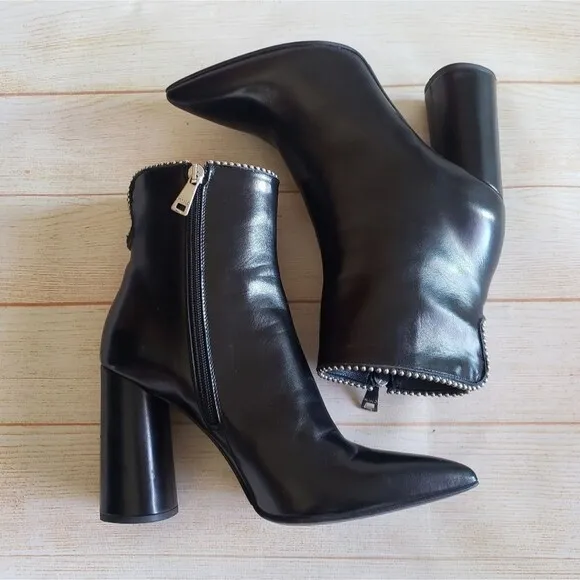 MA &amp; LO Italy Leather Pointy Toe Block Heels Ankle Boots Booties Black Size 39